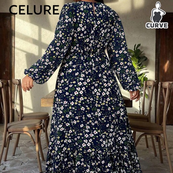 *Sold NWOT SHEIN Navy Blue Ruffled Tiered Floral Maxi Sundress Bishop Sleeve 2XL - Picture 3 of 12